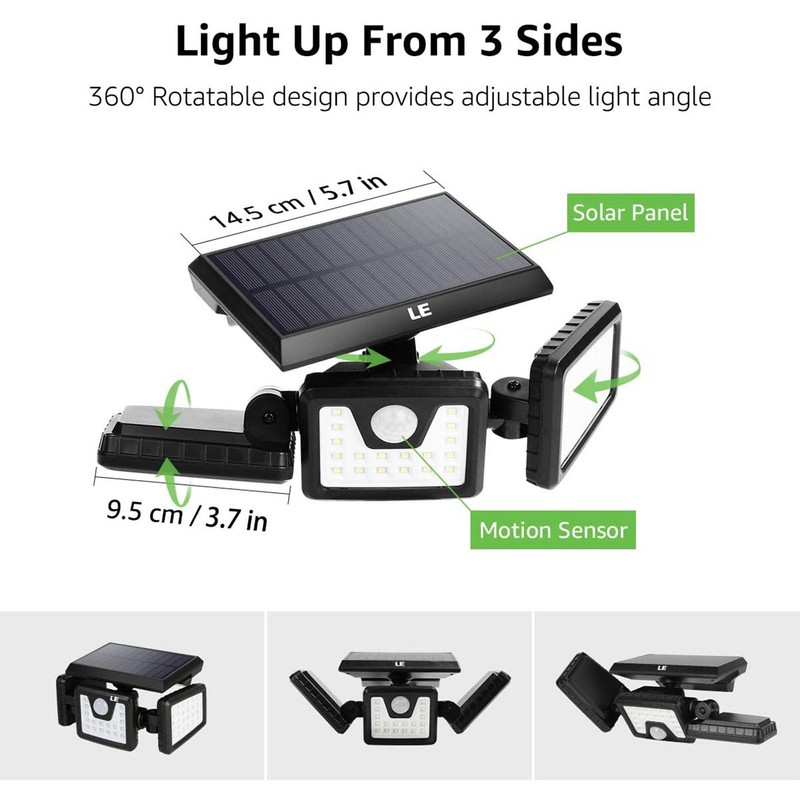 Outdoor Motion Sensor Light Solar Powered 3 Adjustable Heads IP65