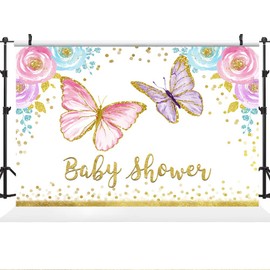 Ticuenicoa 5×3ft Butterfly Baby Shower Party Backdrop Floral Pink Purple Butterfly Baby Shower Princess Girls Oh Baby Photography Background Gold Dots Baby Shower Photography Background Props