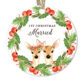 DIGIBUDDHA 1st First Christmas Married Gift Ornament Cute Deer Couple Newlywed Husband Wife Bridal Shower Wedding Present Holly Wreath Ceramic Holiday Keepsake 3" Flat Porcelain with Ribbon & Free Box