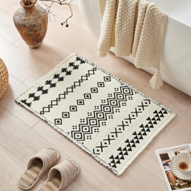 Douceur - Tapete de baño bohemio para piso de baño, antideslizante, mezcla acrílica, lindas alfombras de baño con borlas, color blanco y crema, diseño étnico tribal y blanco