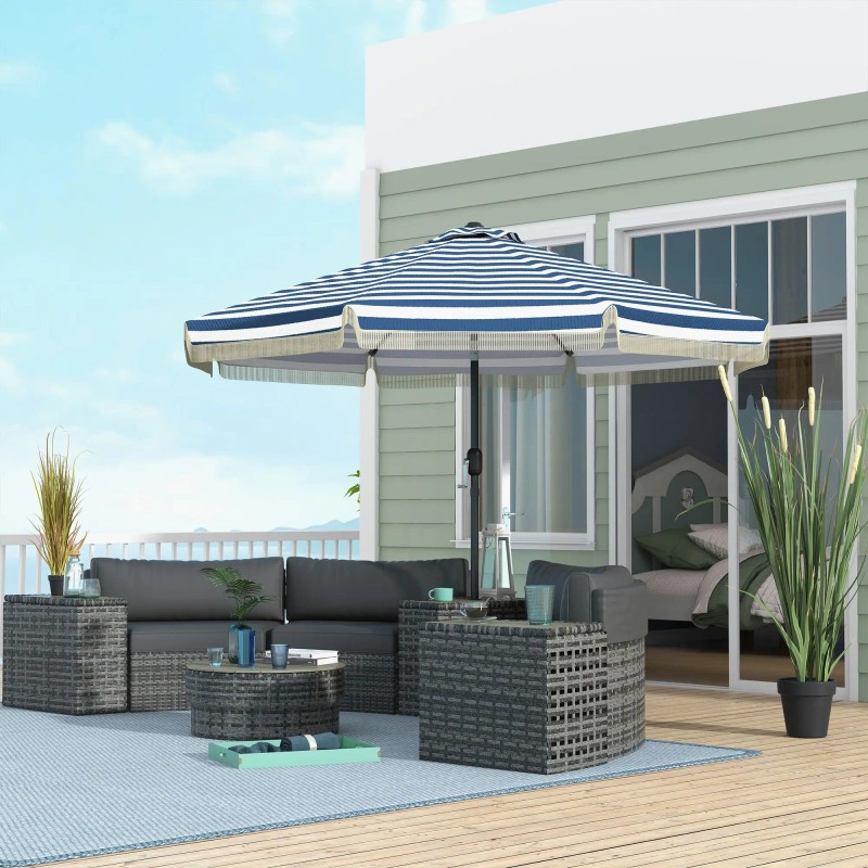 9ft Blue Stripe Garden Umbrella with Tilt Crank and Ruffled