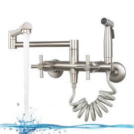 DOLGABA Wall Mount Kitchen Faucet Commercial Pot Filler 8 Inch Center 2 Handles Folding Wall Mounted Faucet for Kitchen Sink with Side Sprayer, Brushed Nickel