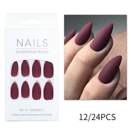 Wine Red Press on Nails Almond Fake Nails Fall Gloss Acrylic Nails Medium with Frosted design Glue on Nails Artificial Nails Full Cover False Nails Reusable Artificial Nails for Women Girls 24Pcs