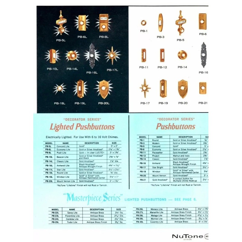 NuTone Vintage NuTone PB-14L Pushbutton Lighted Door Bell - Gold