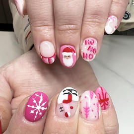 Cute Christmas Press on Nails Short French Tip Fake Nails with Glitter Designs Full Cover Oval False Nails Bow Snowflake Acrylic Nails Santa Claus Glue on Nails for Women Girl Reusable Nail Sets 24Pcs