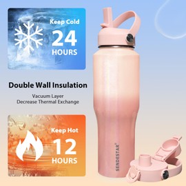 SENDESTAR 40oz Stainless Steel Water Bottle(Cold for 48 Hrs, Hot for 24 Hrs),Double Wall Vacuum Insulated Bottle with Straw Lid, Spout Lid and Flex Cap, Fit in Any Car Cup Holder TXIN-32-Laser G Pink