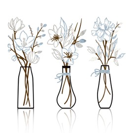 Zzbakress 3 Pcs Metal Flowers Wall Arts Rustic Farmhouse Decor Bathroom Wall Decor Dining Room Wall Decor Minimalist Decor Housewarming Gifts (Blue Brown)