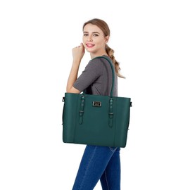 MOSISO Laptop Bag for Women, 17.3 inch Waterproof Vintage PU Leather Briefcase Shoulder Computer Laptop Tote Bag for Office Work, Deep Teal