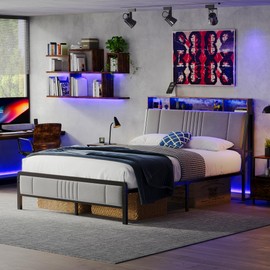Susalt Queen Size Bed Frame with Storage Headboard and Charging Station, Ergonomic Platform Bed Frame with Led Lights, Strong Metal Slat Support, No Box Spring Needed, Noise Free, Grey