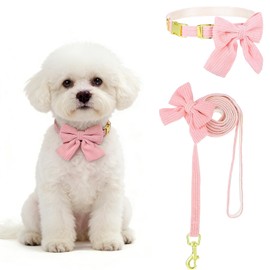 Bonito juego de collar y correa para perro pequeño con moño desmontable, collar ajustable y correa con hebilla de metal segura para caminar diario, fiestas y día festivo, rosa, S
