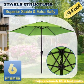 Sunnyglade 9FT Outdoor Patio Umbrella, Market & Table Umbrella with 6 Sturdy Ribs and Crank System, Fade-resistant & Waterproof for Garden Backyard Poolside Deck (Grass green, 9FT)