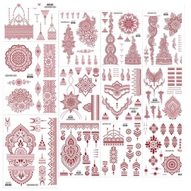 12PCS Brown Red Lace Temporary Tattoos Waterproof Fake Tattoos Temporary Tattoo Kits Mandala Flower Tattoo Stickers Women Girls Arm Body Art Indian Red Tattoo Stickers Suitable for Women Girls