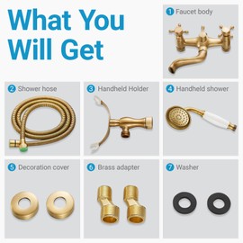 Clawfoot Tub Faucet with Hand Held Bathtub Faucet, Tub Shower Kit Victorian Double Cross Handle, 6 Inch Center Adjustable Swing Arms Tub Mount Short Adapter Antique Brass (Polished Chrome)