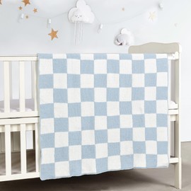 CREVENT 76X102cm Cozy Soft Warm Chenille Baby Blanket for Girls Boys, Newborn Essentials for Infant, Baby Shower - Checked Blue