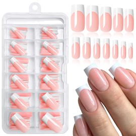 LoveOurHome 120pc French Tips Press on Nails Long Square Fake Nail with Glue Tabs, Nude Acrylic Nails Press on Nails Square Glue on Nails Long False Nails Artificial Fingernail French Stick on Nail