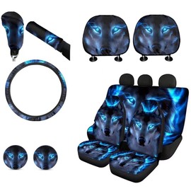 KEIAHUAN 11 Pieces Car Accessories Set Car Seat Covers Car Steering Wheel Cover Car Coasters Gear Shift Knob Cover+Car Handbrake Cover Headrest Cover,Galaxy Wolf