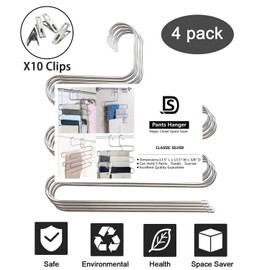 devesanter Pants Hangers Non-Slip S-Shape 4 Pack Trousers Hangers Stainless Steel Clothes Hangers Closet Storage Organizer for Pants Jeans Scarf (4 Pack with 10 Clips)