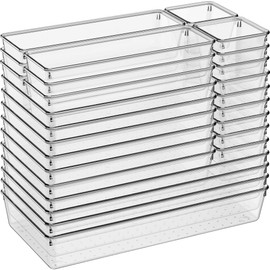 Criusia FULL SIZE Clear Plastic Drawer Organizer 28 Pack- 5 Versatile Large Acrylic Drawer Organizers Trays for Bathroom, Kitchen Utensils Gadgets, Vanity and Makeup, Office