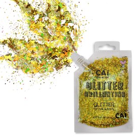 Body Glitter Gel- Face, Body & Hair (2 Pk Gold/Gold) Chunky Iridescent Holograph Stars & Moon, 6 oz | Cosmetic-Grade Makeup, Apply Without Glue, Easy to Take Off & Keep Skin Clean at Raves