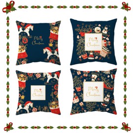 4pcs Christmas Cushion Covers 45x45cm Retro Christmas Pillow Covers Xmas Decoration Throw Pillow Covers Merry Christmas Pillow Cases Christmas Decor Pillowcase for Sofa Living Room Bed Couch (Blue)