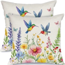 GEEORY Spring Hummingbirds Flowers Pillow Covers Set of 2, 18x18 Inch Floral Decor Throw Pillow Cases for Sofa, Bedroom, Living Room
