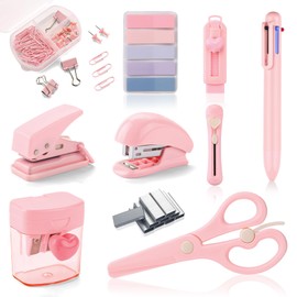 Pink Mini Office Supply Kit Mini School Supplies Desk Accessory Set Includes Mini Stapler Pencil Sharpener Staple Remover Hole Punch Ballpoint Pen Scissor Box Cutter Paper Clips Sticky Index Tabs