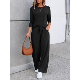 LILLUSORY Women's Sweatsuits 2 Piece Outfits Lounge Matching Sweat Sets Casual Sweatshirts and Wide Leg Sweatpants Tracksuit Sets 2025 Black M