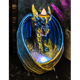 Ebros Gift Metallic Blue and Gold Ancient Wise Dragon Protecting Treasure Crystals Backflow Cone Incense Smoke Breath Effect Burner Holder Figurine with LED Light Fantasy Gothic Dungeons and Dragons