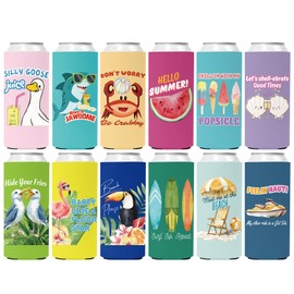 Pop Nordic Beach Slim Can Cooler Sleeves - 12 Pack Funny Tropical Beer Cozy Summer Gifts Bulk, Neoprene Insulated Drink Sleeves for Beach Party, Pool Party, Girls Trip Weekend