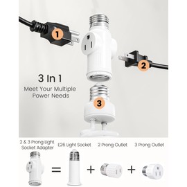 2-Pack Light Socket to Plug Adapter, JACKYLED E26/E27 3 Prong Light Socket Adapter with 2 AC Outlets and 1 E26 Socket, Light Socket Outlet Adapter for Garage Porch Security Camera Home Office, White