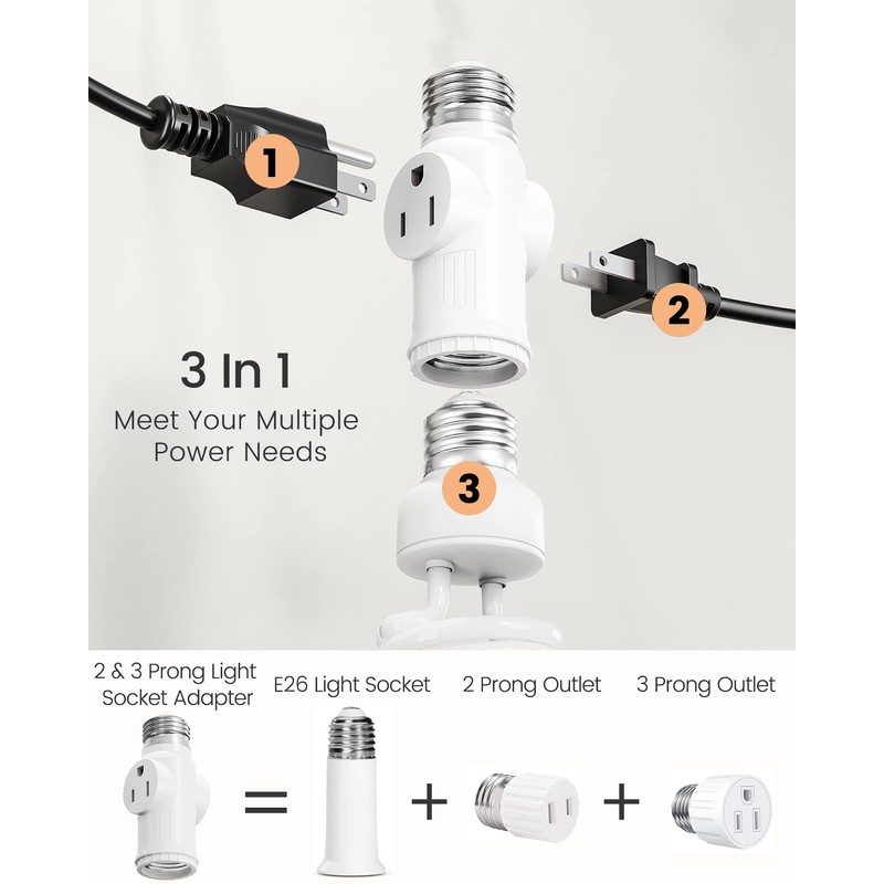 2-Pack Light Socket to Plug Adapter, JACKYLED E26/E27 3 Prong