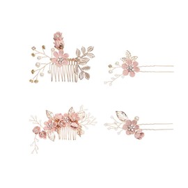 SJBAUTYO Pack of 4 Gold Wedding Hair Combs Pearl Flower Bridal Hair Accessories Rhinestone Bridal Jewellery Comb Hair Clip for the Bride Bridesmaid - Pink Flower