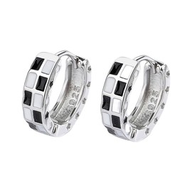 Dainty Checkered Hoop Earrings, Chic Checker Small Hoop Cartilage Earrings for Women, Simple Enamel Black White Grid Huggie Hoop Earrings for Women, Chunky Hoop Earrings for Women (Silver)