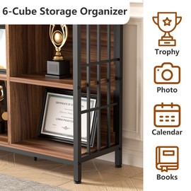 YOHKOH 6 Cube Organizer Bookcase - Industrial Vintage Storage Shelf, Heavy Duty Carbon Steel Frame & Wooden Shelves, Mid-Century Style Cube Shelf