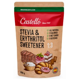 Stevia + Erythritol 1:3 Sweetener | 1g = 3g Sugar | 100% Natural Sugar Substitute - 0 Calories - 0 Glycemic Index - Keto and Paleo - 0 Net Carbohydrates - No GMO - Castello Since 1907-850 g