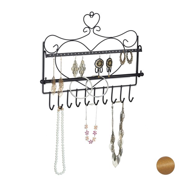 Relaxdays Wall Jewellery Holder for Necklaces, Earrings & Bracelets, Jewellery Hooks Heart Shape H 30 x W 36.5 x D 3.5 cm, Black