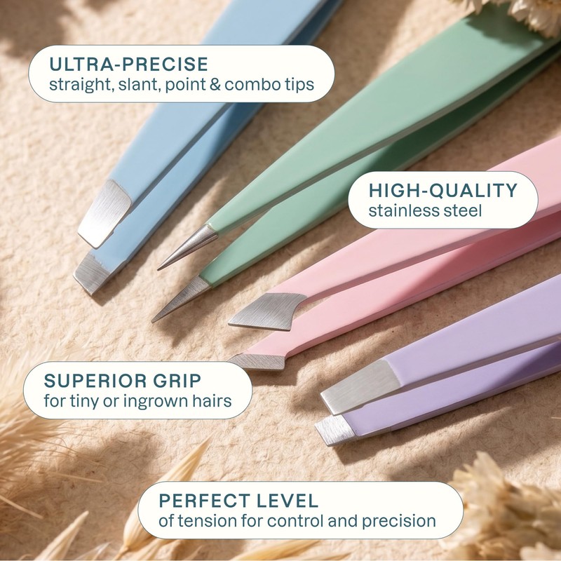 4-Piece Professional Tweezers Set with Case | Stainless Steel |