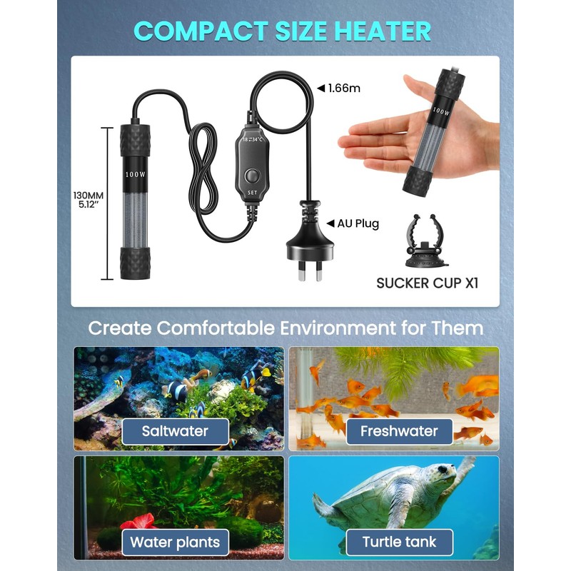 100W Fish Tank Heater, Mini Submersible Digital Aquarium Heater with