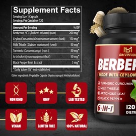 Berberine, Ceylon Cinnamon, Turmeric, Milk Thistle, Artichoke, Black Pepper - 120 Capsules for Digestion, Immunity [4-Month Supply]