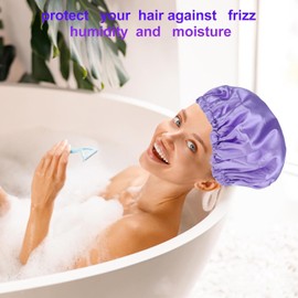 Large Shower Caps for Women, Waterproof Shower Cap Double Layers Bath Caps Reusable Hair Cap Washable Elastic Shower Bonnet Bath Hair Hat for Long Hair Braids (Purple, One Size)