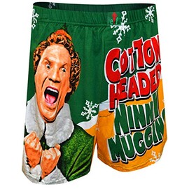 Briefly Stated Mens Buddy the Elf Cotton Headed Ninny Muggins Christmas Boxers (Medium) Green