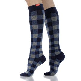 VIM & VIGR Cotton 15-20 mmHg Graduated Compression Socks (Heathered Navy Montana Plaid, Large/X-Large Wide Calf (6))
