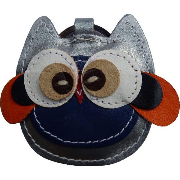 GENUINE LEATHER KEY RING WITH FUNNY OWL PENDANT, SILVER/BROWN, 6