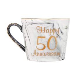 Happy Homewares Beautifully Designed 50th Anniversary Grey and Pink Marble 12oz Ceramic Mugs with Golden Metal Trim