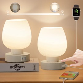ECOESPTI Touch Bedside Lamp, Mini Stepless Dimmable Table Lamps for Bedroom for Night Stands, Small Desk Lamp with Brightness Memory, USB Charging Ports, Warm LED Bulb, White, Round Shape, 2 Set