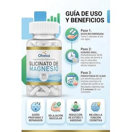 Glicinato de Magnesio 500 mg (Bisglicinato) – Alta Absorción – Bienestar, Relajación y Balance Muscular – Fórmula Vegana Premium. Olvexa