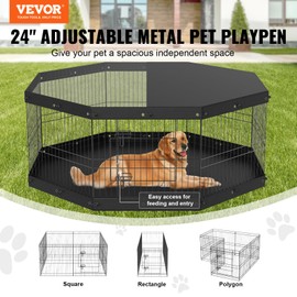 VEVOR Foldable Metal Dog Exercise Pen, Pet Playpen Dog Fence for Camping with Top Cover and Bottom Pad, 24" H 8 Panels, Puppy Crate Kennel Indoor Outdoor for Medium Dogs, Both for Home&Yard