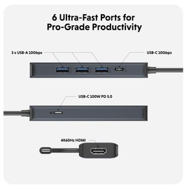 HyperDrive Next 6 Port USB Hub – USB C to HDMI 4K60Hz Display, 10Gbps Data Transfer, 100W Power Delivery Charging, 3X USB-A — Compatible w/MacBook Pro, MacBook Air, PC, and Chromebook