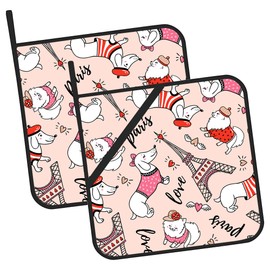 Pink Dress Dog Pot Holders Set of 2 Heat Resistant & Non Slip Potholders, Eiffel Tower Oven Hot Pads for Kitchen Cooking Baking Barbecue