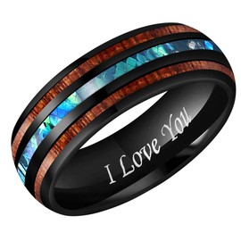 CROWNAL 8mm Rare Koa Wood And Abalone Shell Inlay Balck Tungsten Carbide Ring Men Women Wedding Band Engraved I Love You Size 7 To 17 (8mm,7.5)